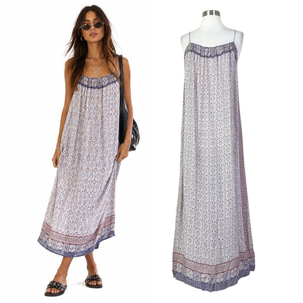 Vince | Silk Terrazzo Print White Blue Red Brown Designer Sumner Slip Maxi Dress